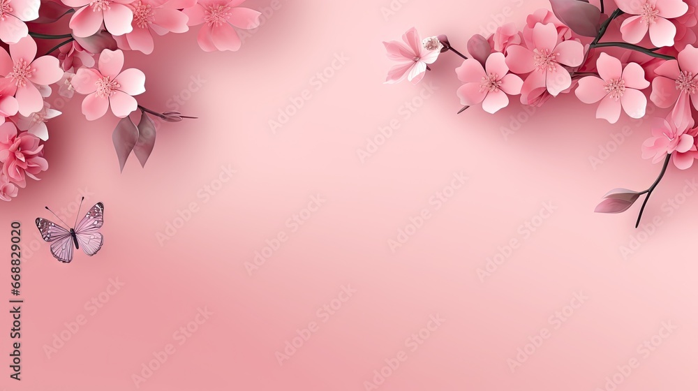  a pink background with pink flowers and a butterfly on it.  generative ai
