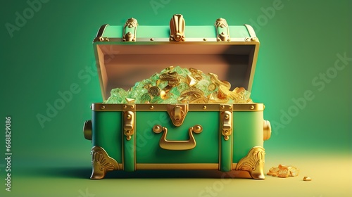  a green suitcase filled with gold coins and a green background.  generative ai