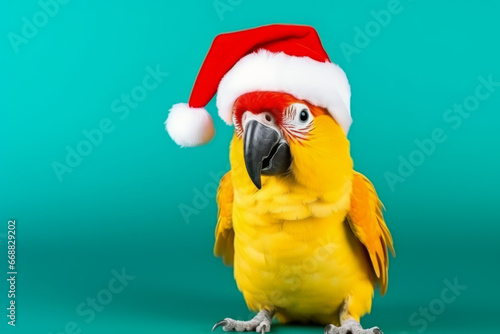 Cute little festive parrot wearing a Father Christmas santa hat