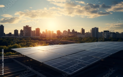 Solar energy panels installed in the city residential building roof. City and sustainable energy concept.