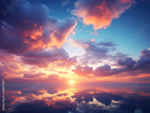 Sunset sky, evening clouds background, and water reflection on the sea. Generative Ai photo