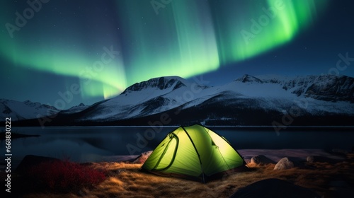 camping in wild northern mountains with an illuminated tent viewing a spectacular green northern lights aurora display. Photo composition.