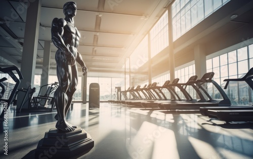 Modern Gym Room Fitness Center With Equipment And Machines. A greek inspired metal luxury masculine sculpture in the foreground to enhance motivation. photo