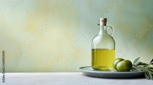  a bottle of olive oil next to a plate with olives. generative ai