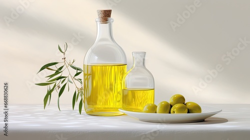  a bowl of olives and a bottle of olive oil. generative ai