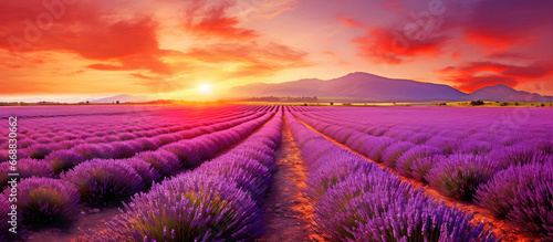 lavender field at sunset. AI generated.