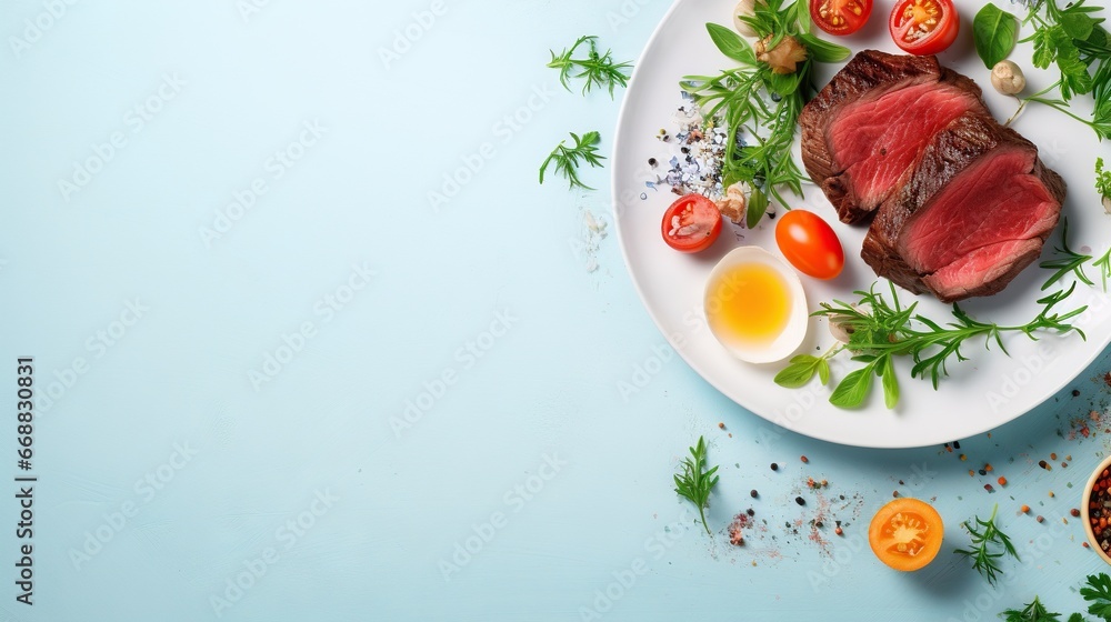 a plate of steak, tomatoes, and eggs on a blue background. generative ai a plate of steak, tomatoes, and eggs on a blue background. generative ai
