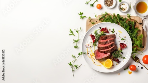  a white plate topped with meat next to a bowl of salad.  generative ai