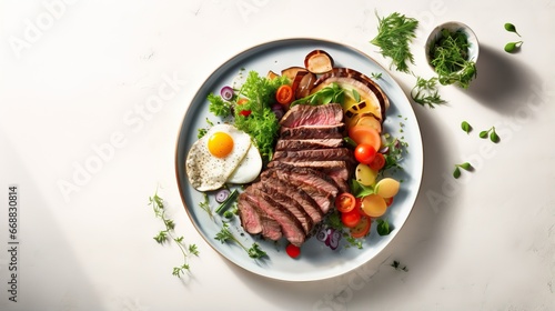  a plate of steak, eggs, tomatoes, and lettuce. generative ai