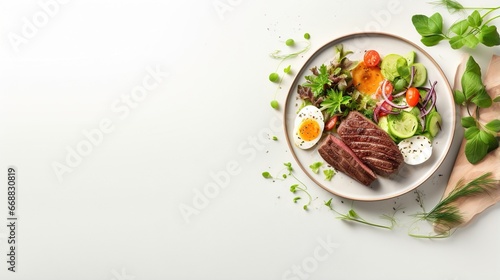  a plate of steak, vegetables, and eggs on a white table. generative ai