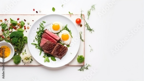  a white plate topped with steak and eggs next to broccoli.  generative ai photo
