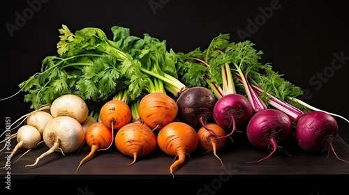  a bunch of different colored vegetables on a black surface with a black background. generative ai