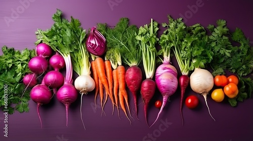  a bunch of different types of vegetables on a purple background. generative ai