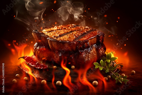 Juicy meat with spices grilled on background of fire and smoke. Tasty and healthy food for gourmets