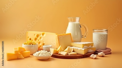  a variety of cheeses and milks on a plate.  generative ai