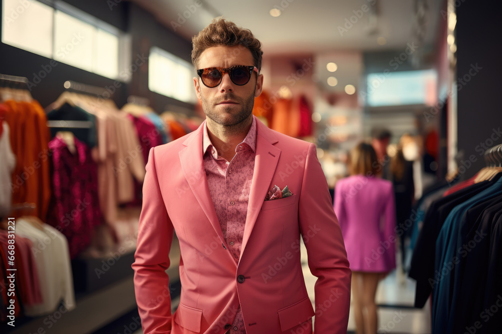 Stylish man trying on a pink suit in a store Stylish man trying on a pink suit in a store