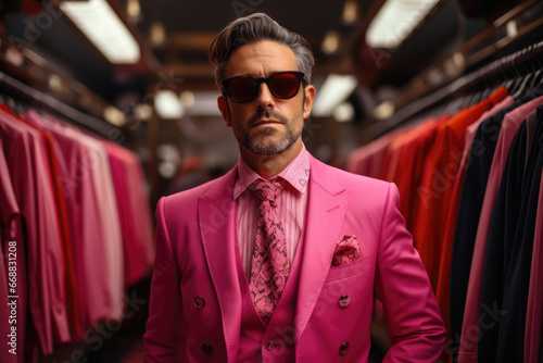 Stylish man trying on a pink suit in a store © Michael