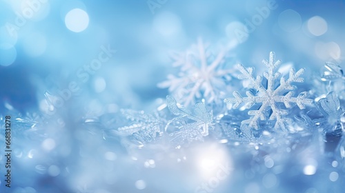  a close up of snow flakes on a blue background. generative ai