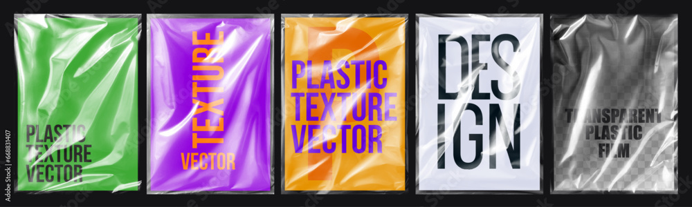 Plastic wrap texture collection, transparent stretched film polyethylene. vector design element graphic rumpled plastic warp. Realistic mockup poster vector set background illustration - obrazy, fototapety, plakaty 