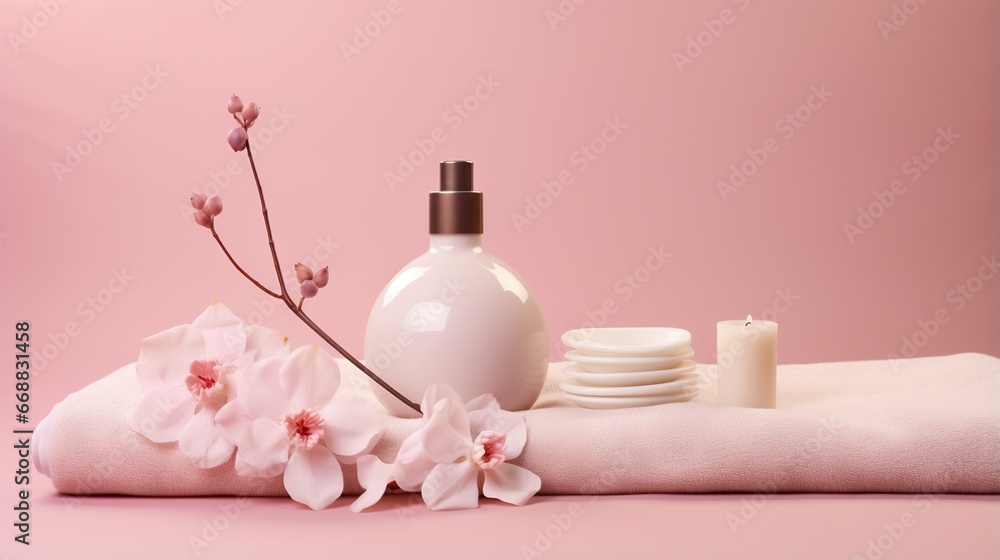 a bottle of lotion, a bottle of lotion, and a flower on a pink background. generative ai a bottle of lotion, a bottle of lotion, and a flower on a pink background. generative ai