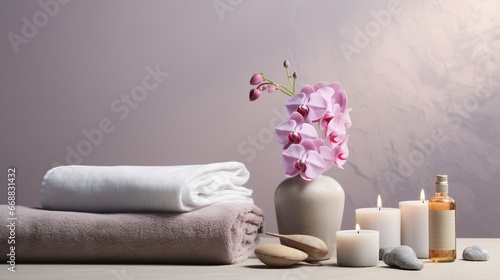  a vase with flowers and candles next to towels and candles. generative ai