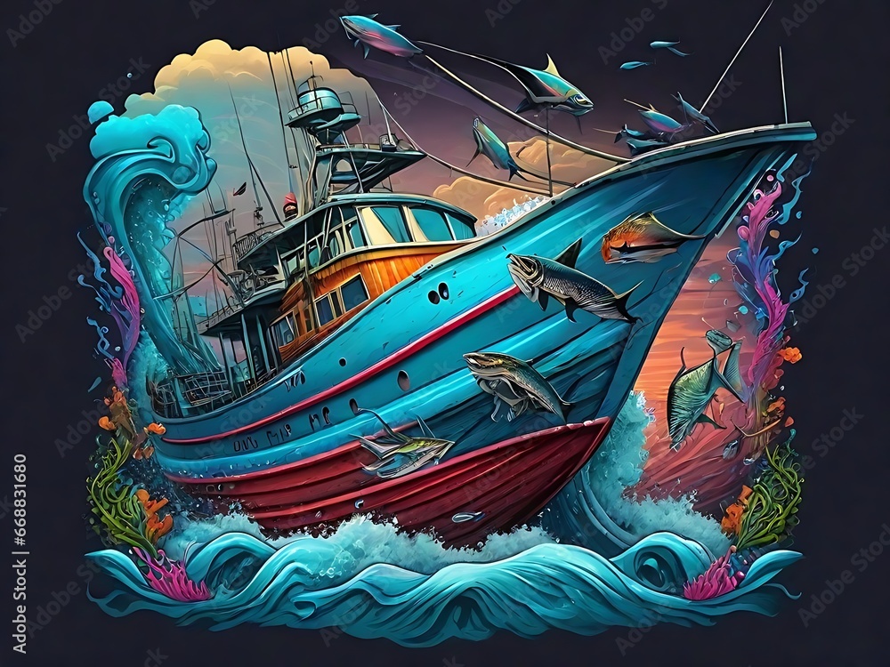 T-shirt Design that embodies the excitement of Fishing boat on the open ocean Generated by Ai