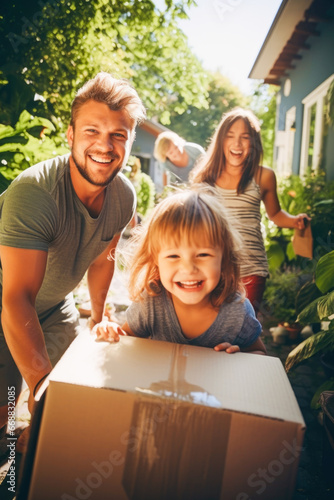 Young family moving into a house with garden.