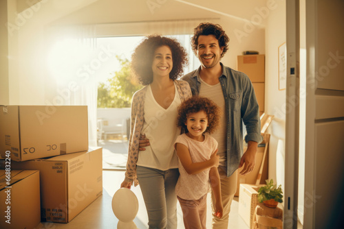 Portrait of young family smiling moving to new home.
