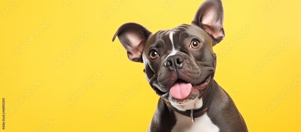 Portrait of a cute american bully dog on a yellow background Portrait of a cute american bully dog on a yellow background