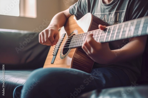 Close up shot of person playing clasical guitar