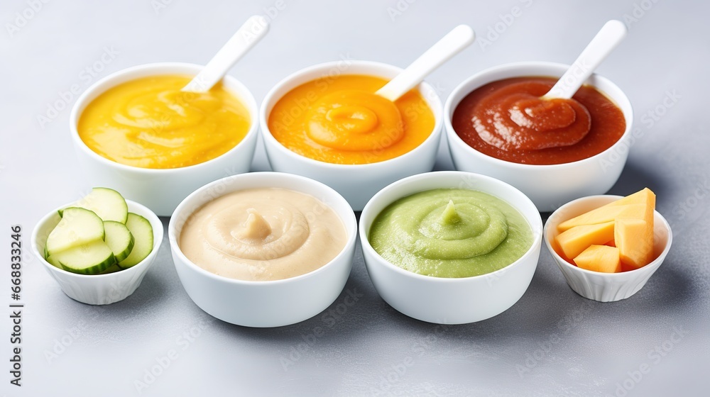 Assortment of sauces in bowls on white background. Selective focus. Assortment of sauces in bowls on white background. Selective focus.
