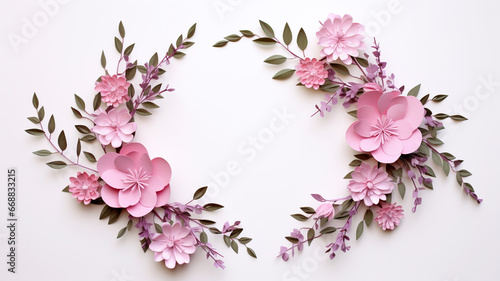 Floral wreath background, composition of delicate 
pink flowers intertwined with each other.