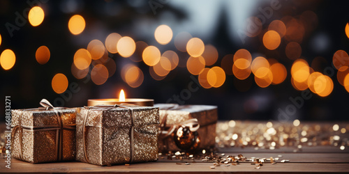 An empty wooden table in the foreground, a Christmas tree and gifts as background