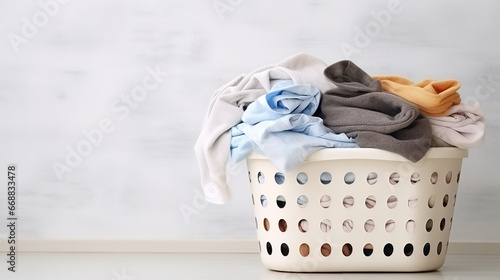 Laundry basket with dirty clothes on light background. Space for text