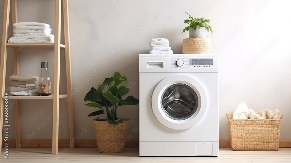 Laundry room interior with washing machine and basket with towels. - obrazy, fototapety, plakaty 