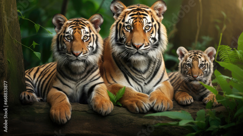 Family of tigers in the wild