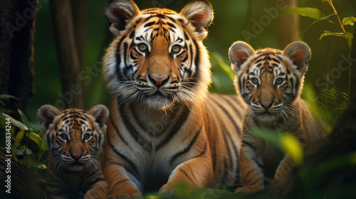 Family of tigers in the wild