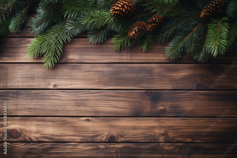 Christmas background with border from pine branches and decorations on dark wooden table Christmas background with border from pine branches and decorations on dark wooden table