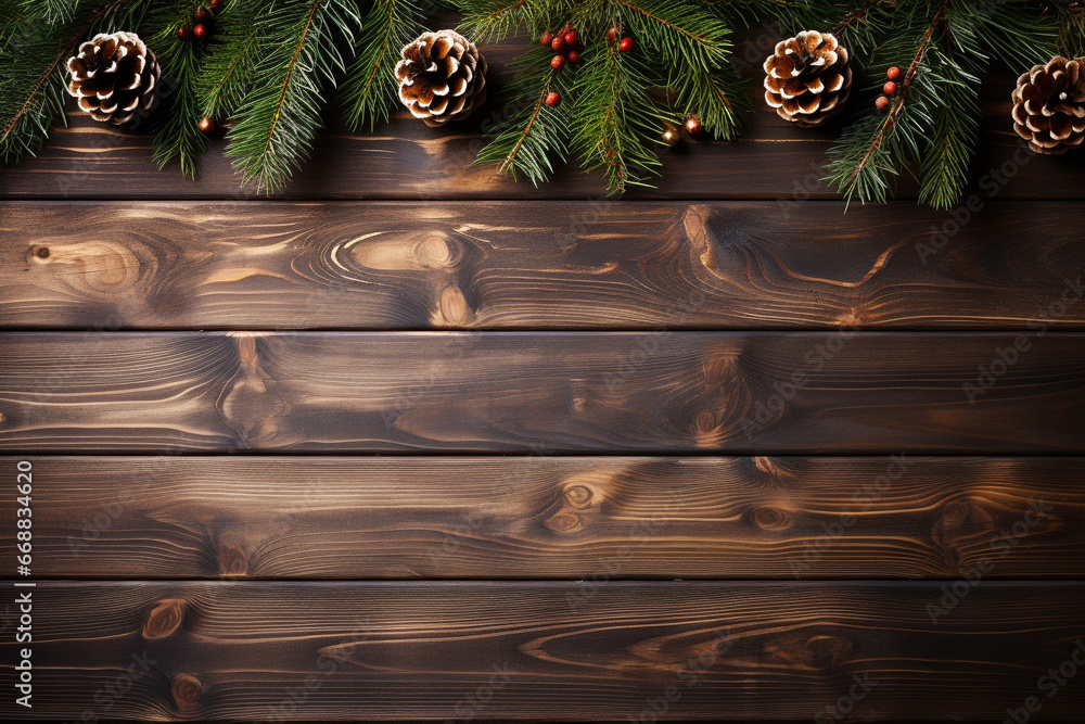 Christmas background with border from pine branches and decorations on dark wooden table Christmas background with border from pine branches and decorations on dark wooden table