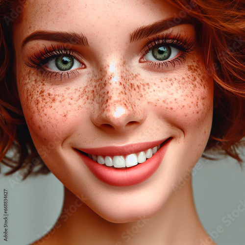 Retrato bella mujer sonriendo de ojos claros, sonrisa blanca para anuncio, anuncios de belleza, hermosa cara de mujer sonriente photo