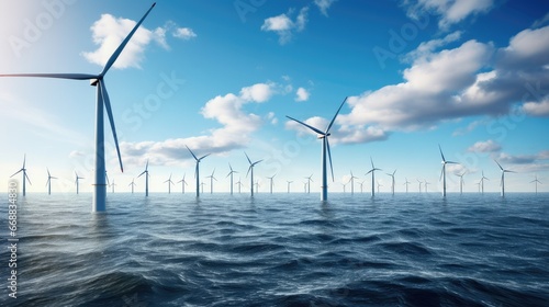 A breathtaking view of an offshore wind turbine park in the open ocean. Slender blades rotate gracefully in the strong sea breeze, generating clean and sustainable energy
