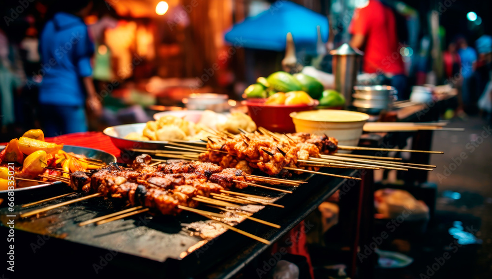 Fried food with sticks, Thai style food, Thailand street food. AI generated - obrazy, fototapety, plakaty 