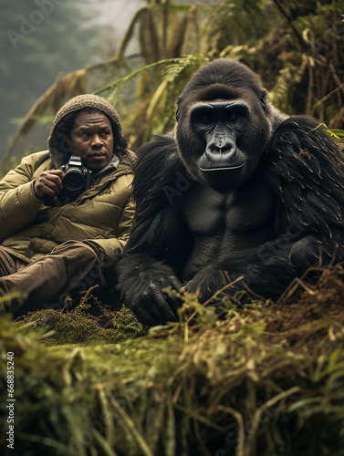 A Photo of a Gorilla and a Wildlife Photographer in Nature