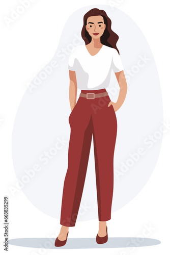 Flat vector illustration. Young woman standing and keeping hands in pockets . Vector illustration
