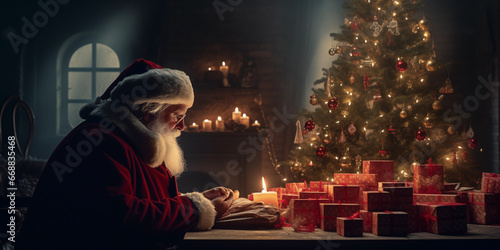 santa clause sittig at table in chrismas setup. photo