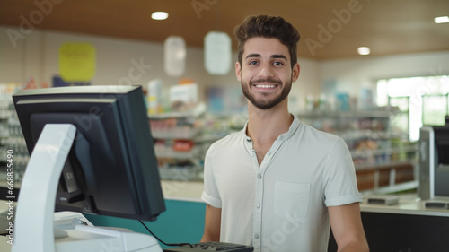 Portrait of a young caucasian cashier or clerk working in a supermarket or grocery store.