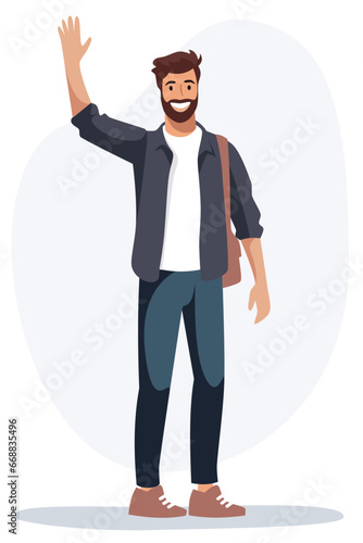 Flat vector illustration. Young man standing, smiling and waving his hand. Vector illustration