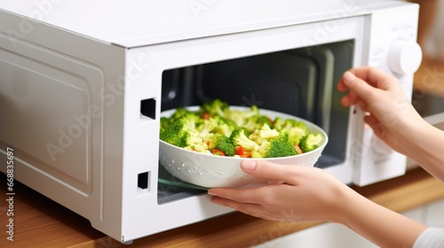Closeup of woman's hand making vegetable salad in microwave oven at home