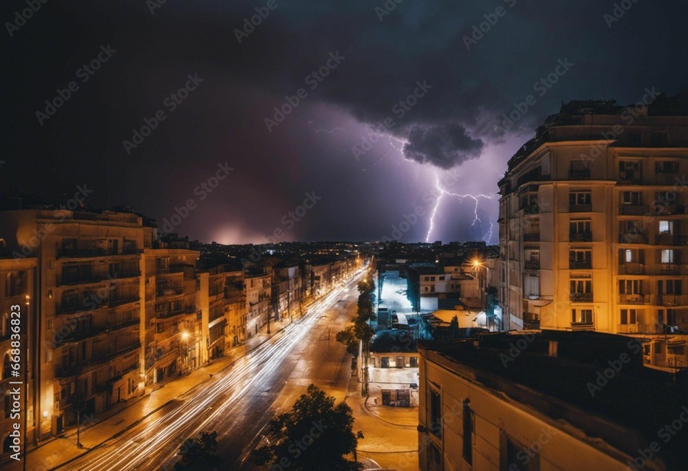 Φωτογραφία An AI illustration of lightning in the night sky above a city street with buildi