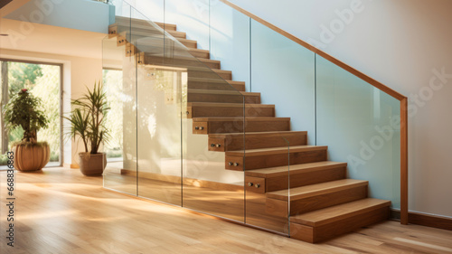 interior of modern bright living room with wooden stairs.